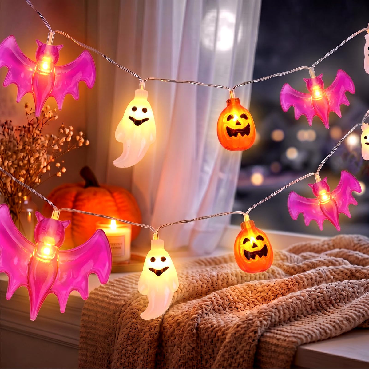 Halloween String Lights Indoor: 9.84 FT 20 LED Battery Operated Pumpkin Ghost Cat Lighted Decorations – 8 Modes Waterproof Timer for Window Porch House Room Bedroom Party Decor