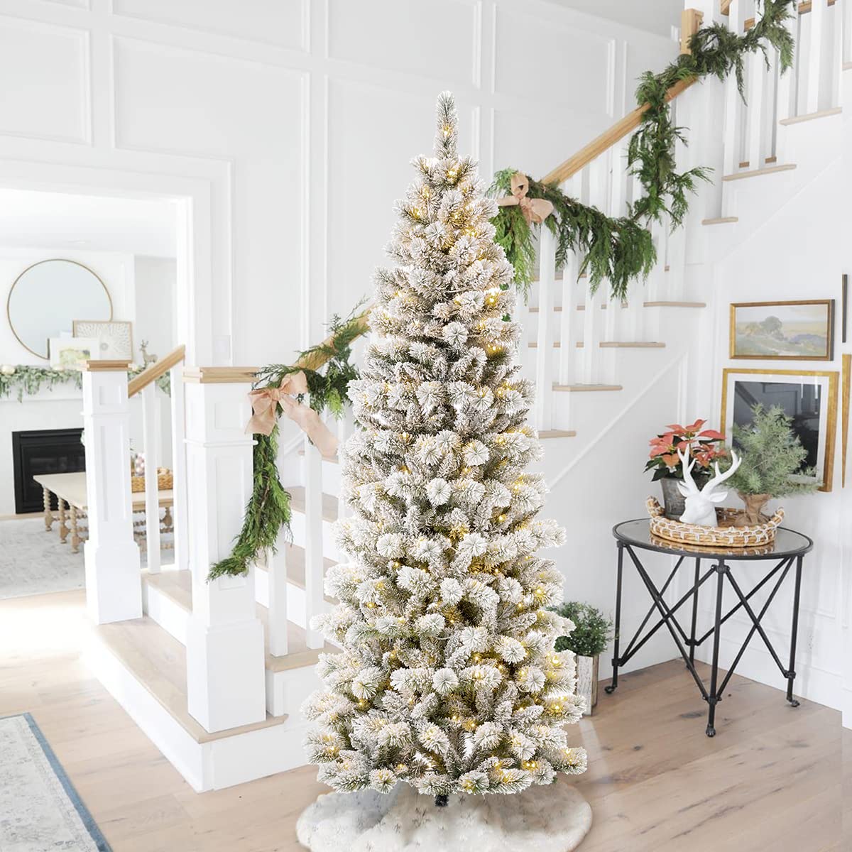 Glitzhome 7.5ft Prelit Christmas Tree, Artificial Christmas Tree with 350 Warm White Lights, Flocked Pencil Christmas Trees Chicago Frostwood Spruce with 1,211 PE&PVC Branch Tips,Sturdy Metal Stand