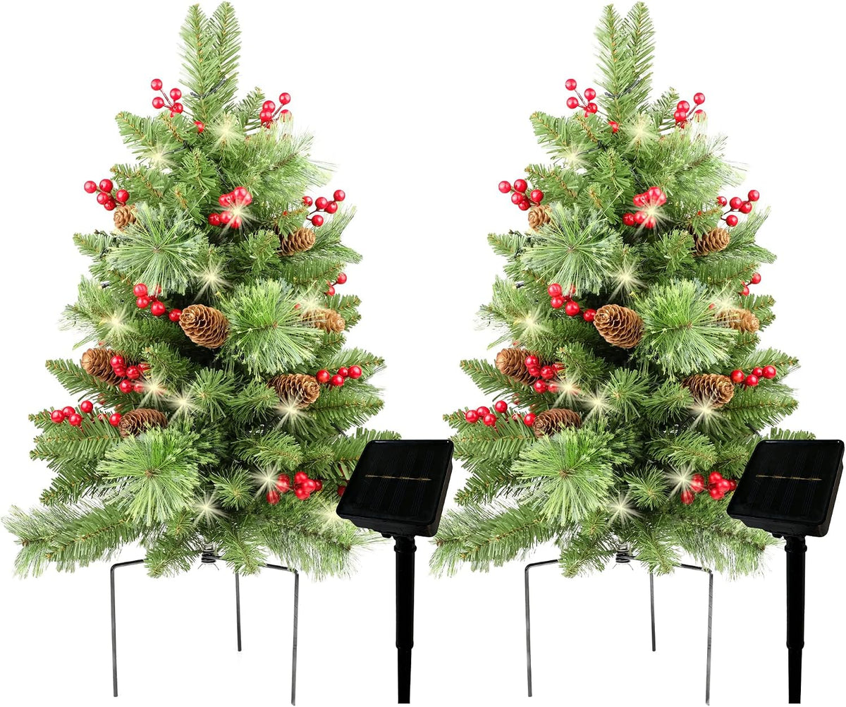 HomeKaren Solar Christmas Tree 30 inch Prelit 2 Set Pathway Porch Christmas Trees Pre-Light LED Battery Operated Outdoor Xmas Decor for Entrance Driveway, Yard, Garden
