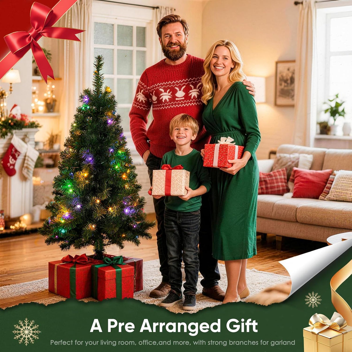 Okicoler Christmas Tree, 3ft Pre-Lit Green Tree with 125 Branch Tips & 50 Adjustable Multicolor Lights, Metal Hinges, Foldable Base, Easy Assembly Holiday Decor for Home, Office & Party
