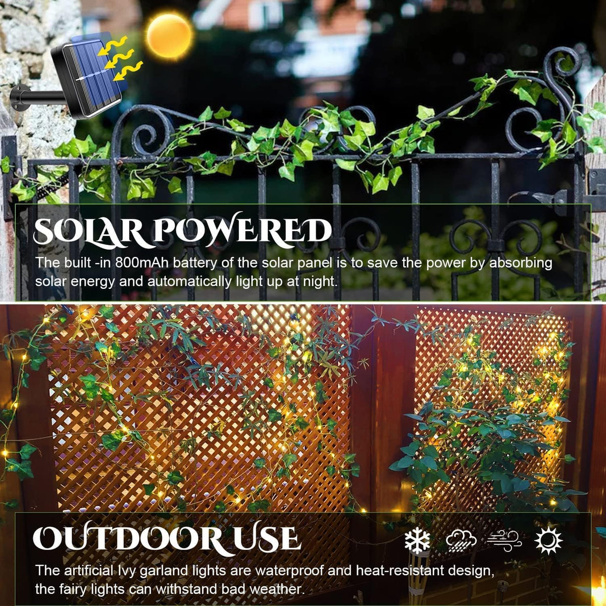 A.bigwhale Outdoor Solar Fairy Lights, 39.3ft Ivy Fairy Lights with 120 LED String Lights, Solar Vine Lights Outdoor Weatherproof, 8 Modes Leaf Light for Garden, Balcony, Patio, Room Decoration