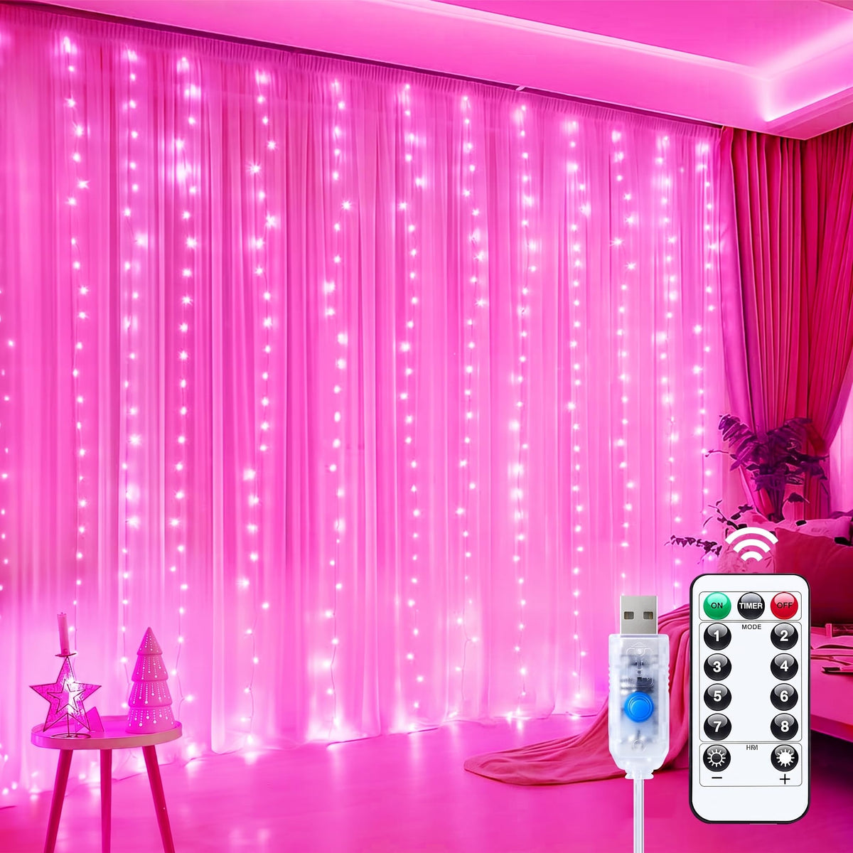 Minetom Curtain Lights, 300 LED Dimmable Twinkle Fairy Lights, 8 Modes