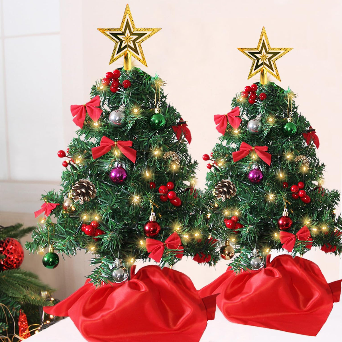 Juegoal 24 Inch Mini Christmas Tree Set, Table Top Artificial Christmas Trees with 50 LED Lights, Ornaments and Red Berries, Best DIY Christmas Decorations