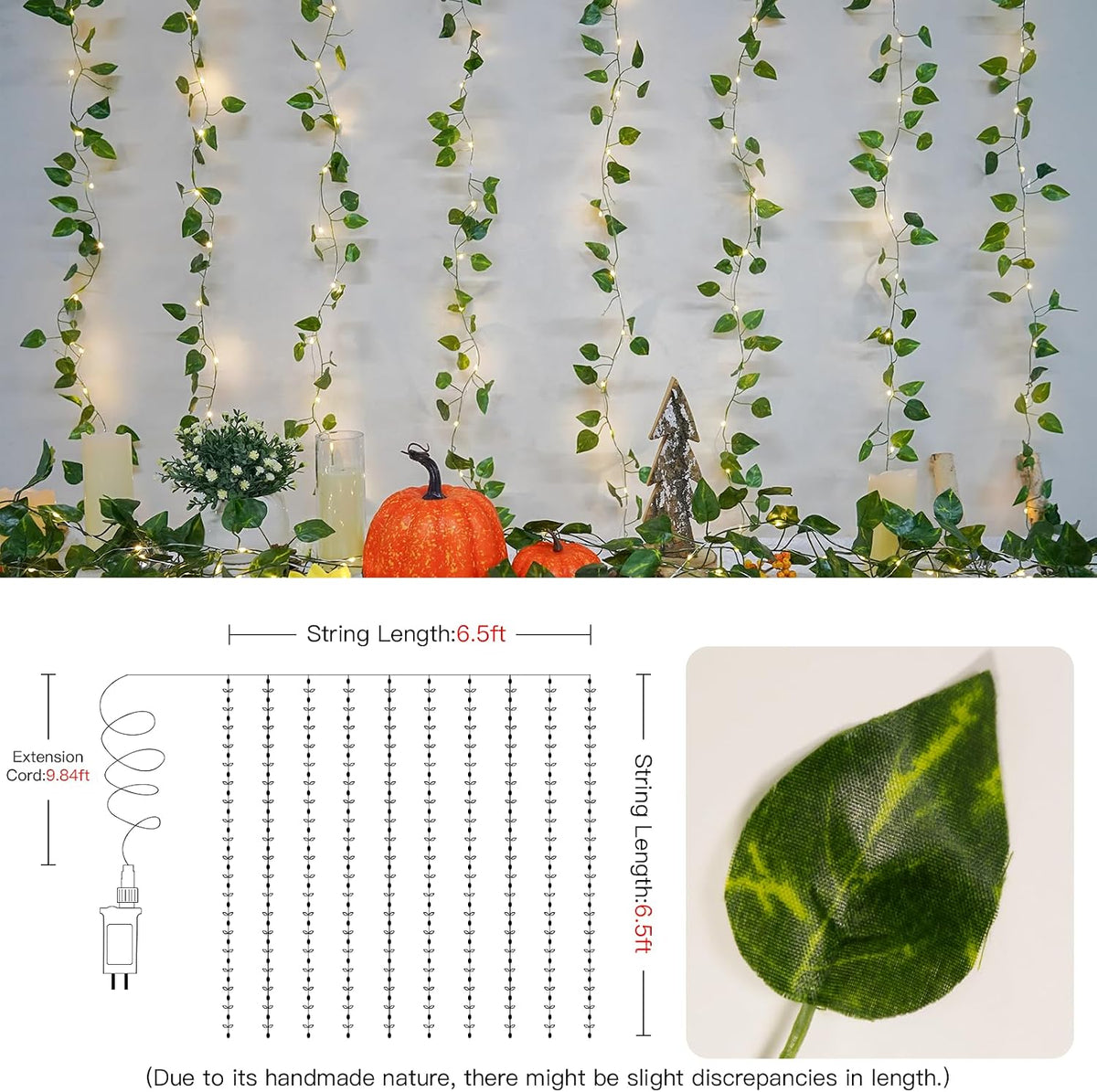 suddus 200 LED Vine with Light Plug in, 6.5ft x 6.5ft Pothos Fairy Curtain Lights with Remote, Leaf Fairy Lights for Wall,Bedroom, Dorm, Wedding, Party, Indoor Decor(Warm White)