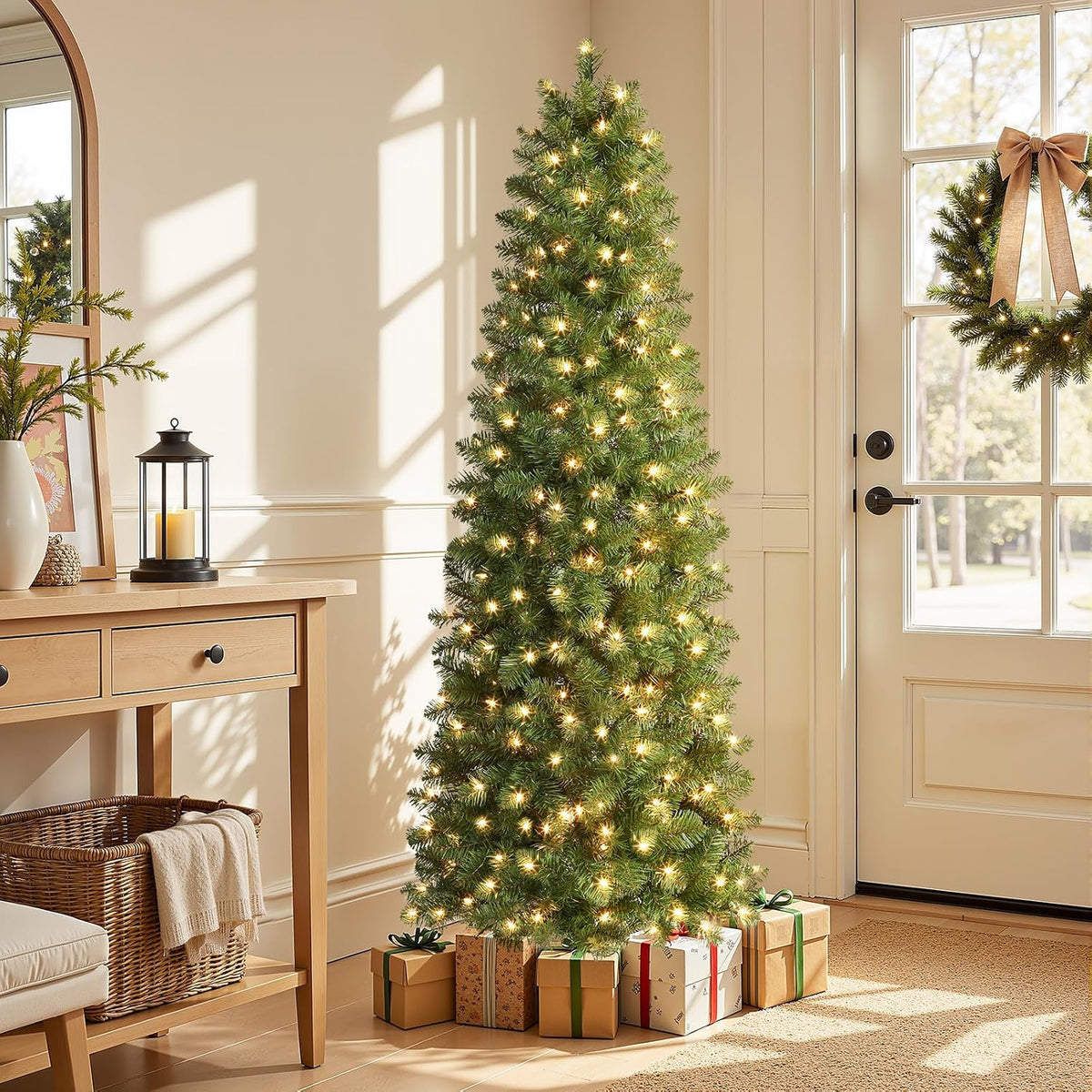 SHareconn Prelit Artificial Pencil Christmas Tree 6FT & Warm White Lights