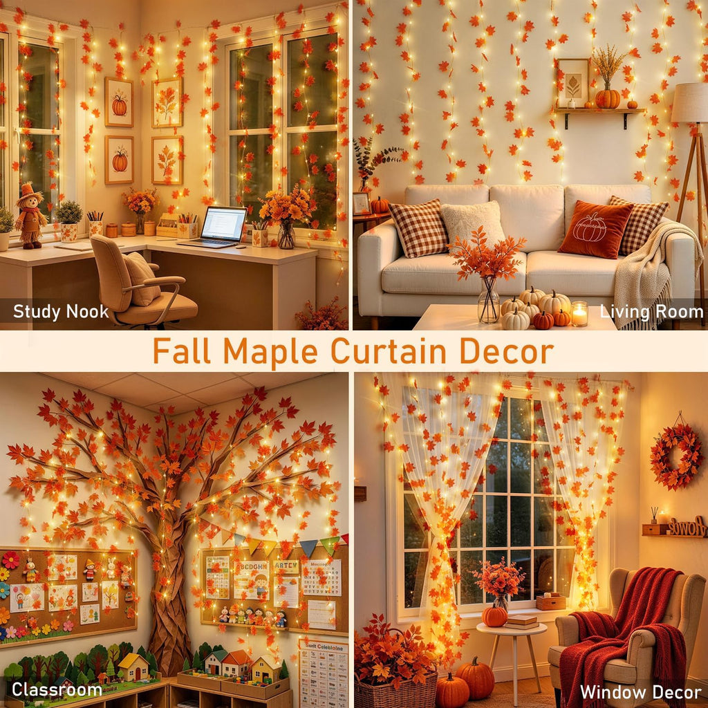 JMEXSUSS Maple Leaf Curtain Lights, 200 LED Fall Garland with Fairy Lights