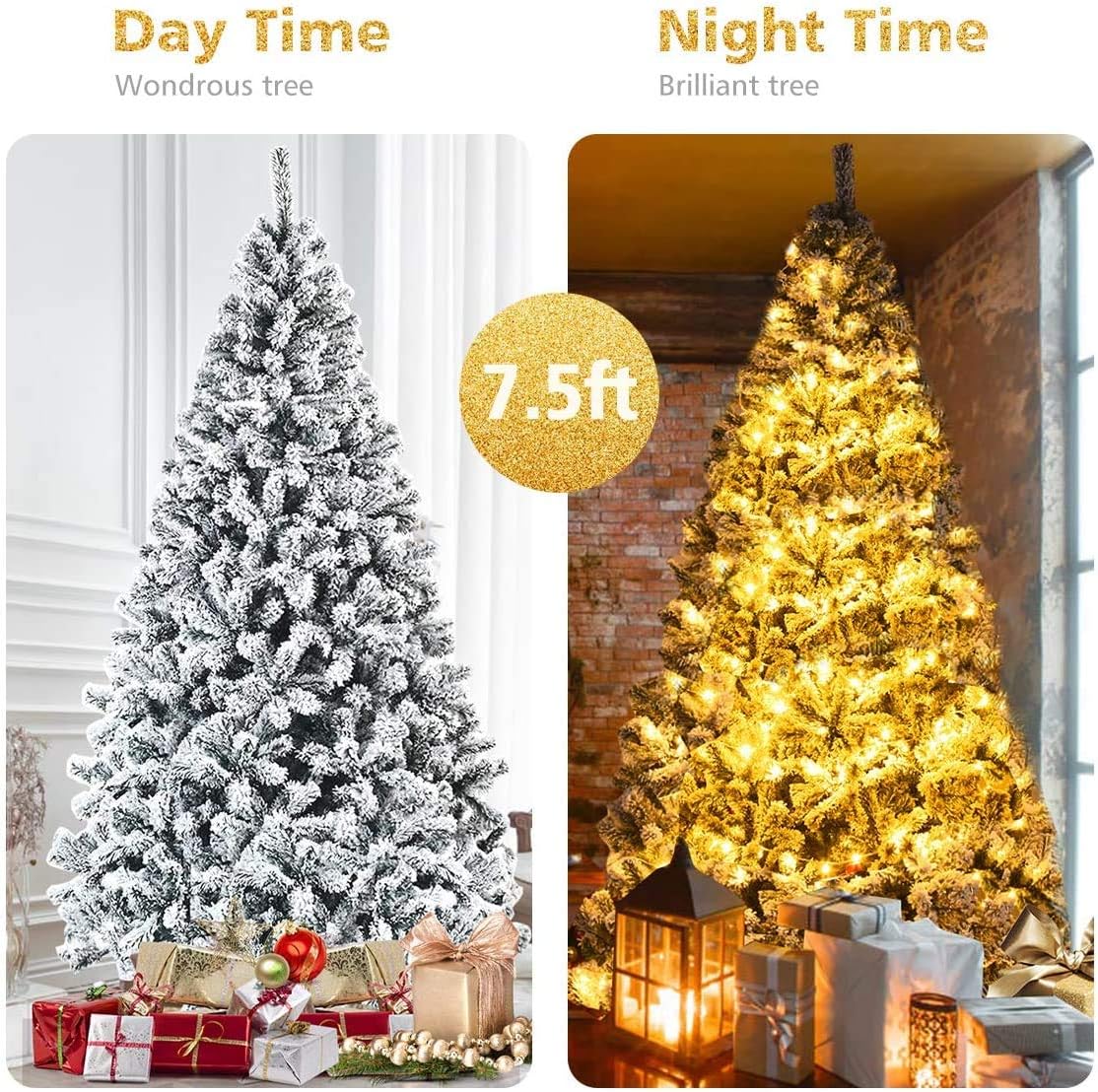 ReunionG 7.5FT Snow Christmas Tree, Artificial Flocked Hinged Pine Tree, Holiday Decoration Tree with Premium PVC Needles and Solid Metal Stand, Full Christmas Tree for Indoor Outdoor (7.5FT)
