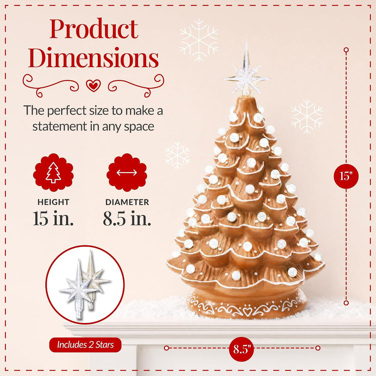 Best Choice Products 15in Ceramic Christmas Tree, Pre-lit Hand-Painted Tabletop Holiday Tree, 2 Star Toppers, 64 Lights - Gingerbread w/White Bulbs