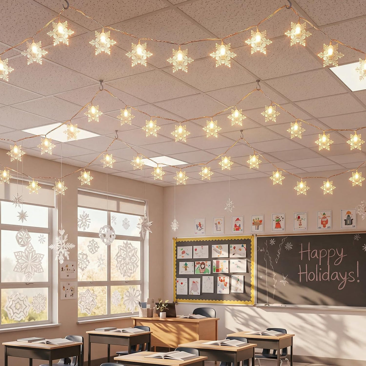 Tuanse 40ft 80 Christmas Snowflake LED Hanging String Lights for Classroom