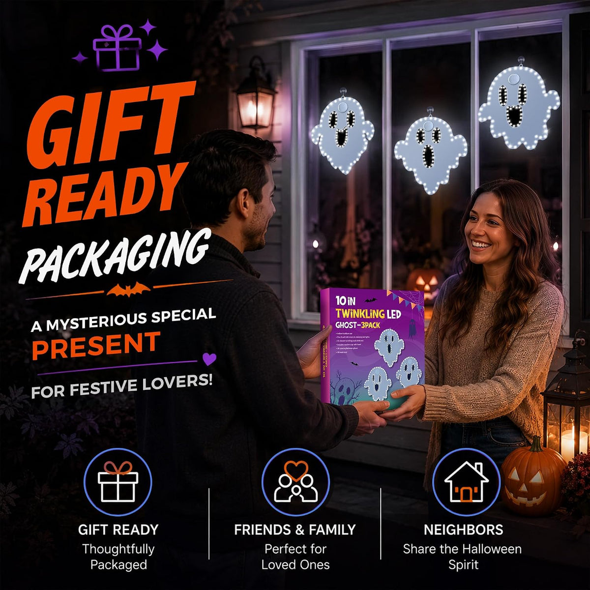 3 Pack 10" Halloween Classics Twinkling LED Ghosts, Hi-Vibrant Aluminum Frame Ghost Window Silhouette Lights, Cool White LED Lights, Holiday Indoor Outdoor Decoration