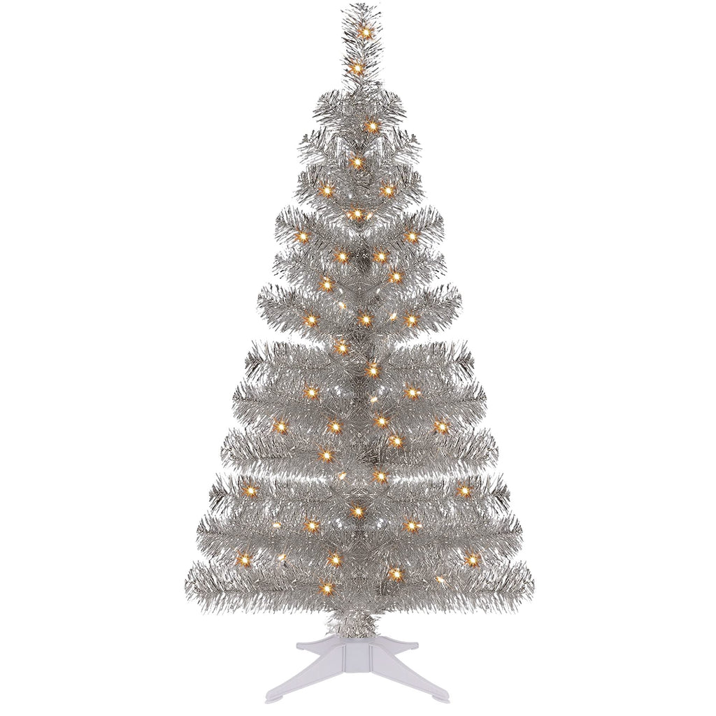 Juegoal Lighted Artificial Halloween Black Christmas Tree, 4FT Black Tinsel Pine Tree with 70 LED Purple Lights, 8 Modes & Timer for Home Party Decorations