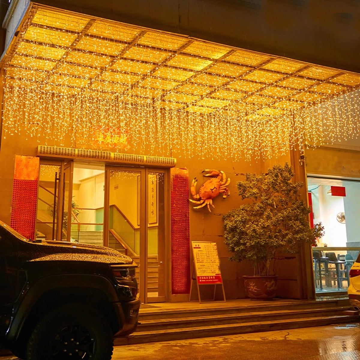 Icicle Lights, 16.4 FT 120 LED 8 Modes, Fairy Hanging Ceiling Twinkle Connectable Waterfall String Lights for Indoor Christmas Eaves Balcony Business Outdoor Decor, Warm White, 5M06