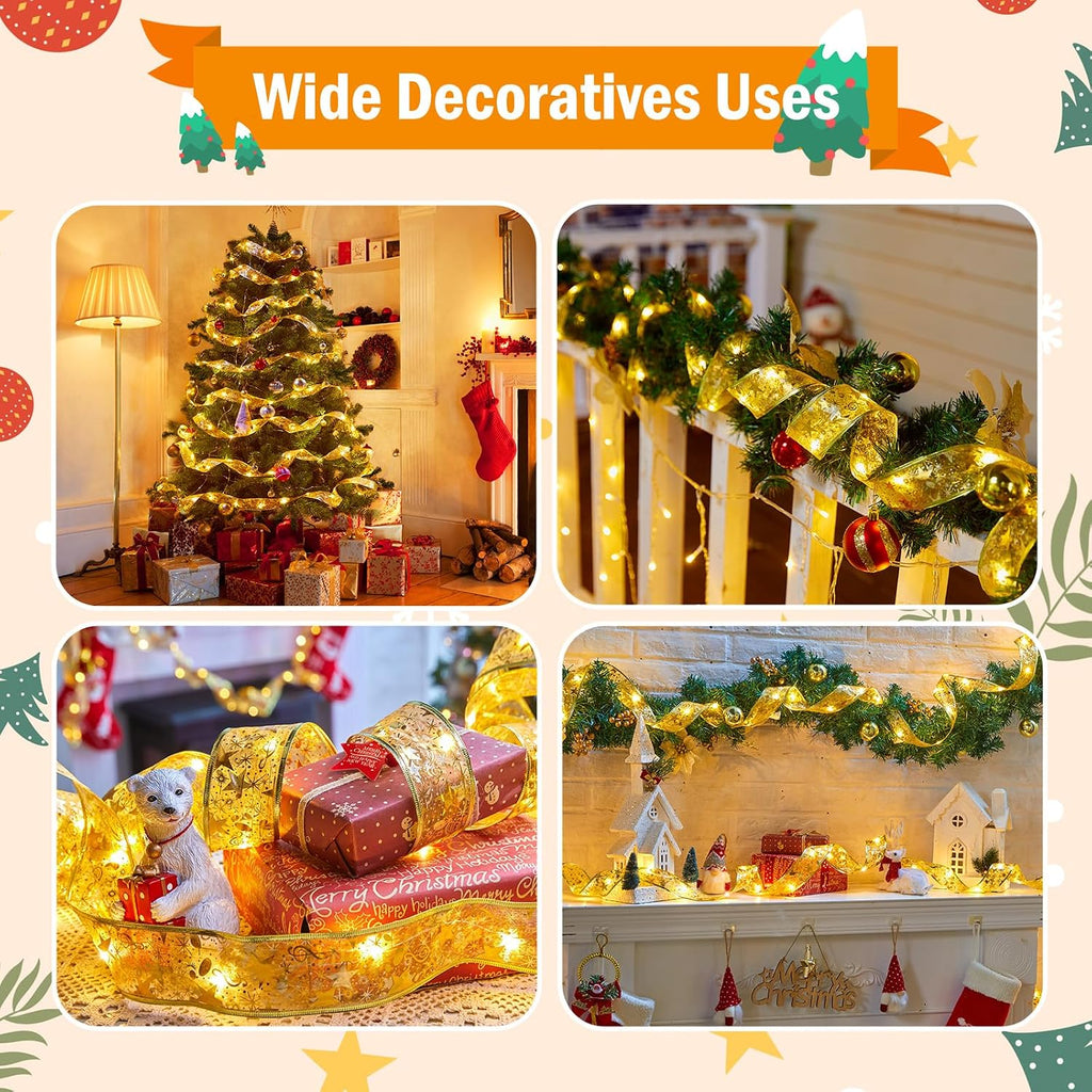 2 Pack Christmas Tree Ribbon String Lights - 33ft 100 LED Battery Powered Fairy Lights with Timer and 8 Lighting Modes, Christmas Ribbon Bows Lights for 6ft - 8ft Christmas Tree New Year Decor, Gold