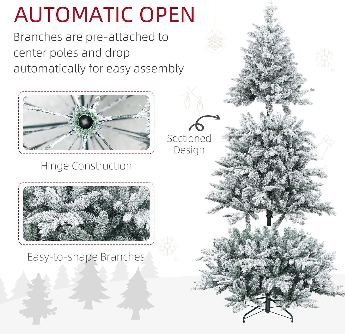 HOMCOM 7ft Snow Flocked Artificial Christmas Tree Hinged Xmas Tree Green
