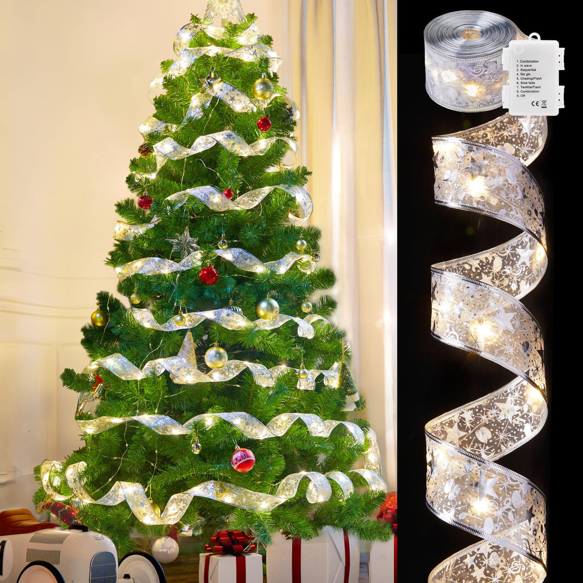 2 Pack Christmas Tree Ribbon String Lights - 33ft 100 LED Battery Powered Fairy Lights with Timer and 8 Lighting Modes, Christmas Ribbon Bows Lights for 6ft - 8ft Christmas Tree New Year Decor, Gold
