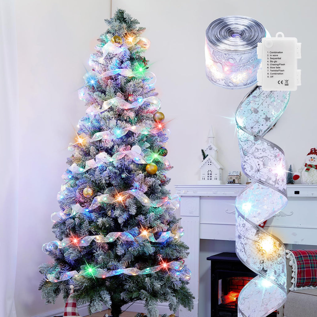 2 Pack Christmas Tree Ribbon String Lights - 33ft 100 LED Battery Powered Fairy Lights with Timer and 8 Lighting Modes, Christmas Ribbon Bows Lights for 6ft - 8ft Christmas Tree New Year Decor, Gold