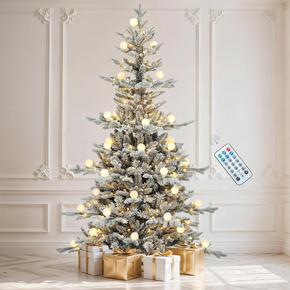 DWVO 6ft Prelit Flocked Aspen Fir Christmas Tree with Bulbs and Lights, Full Artificial Xmas Tree with 1336 Metal Hinged PE & PVC Flame Resistant Branches, 46 Bulbs and 270 Lights Remote Controlled