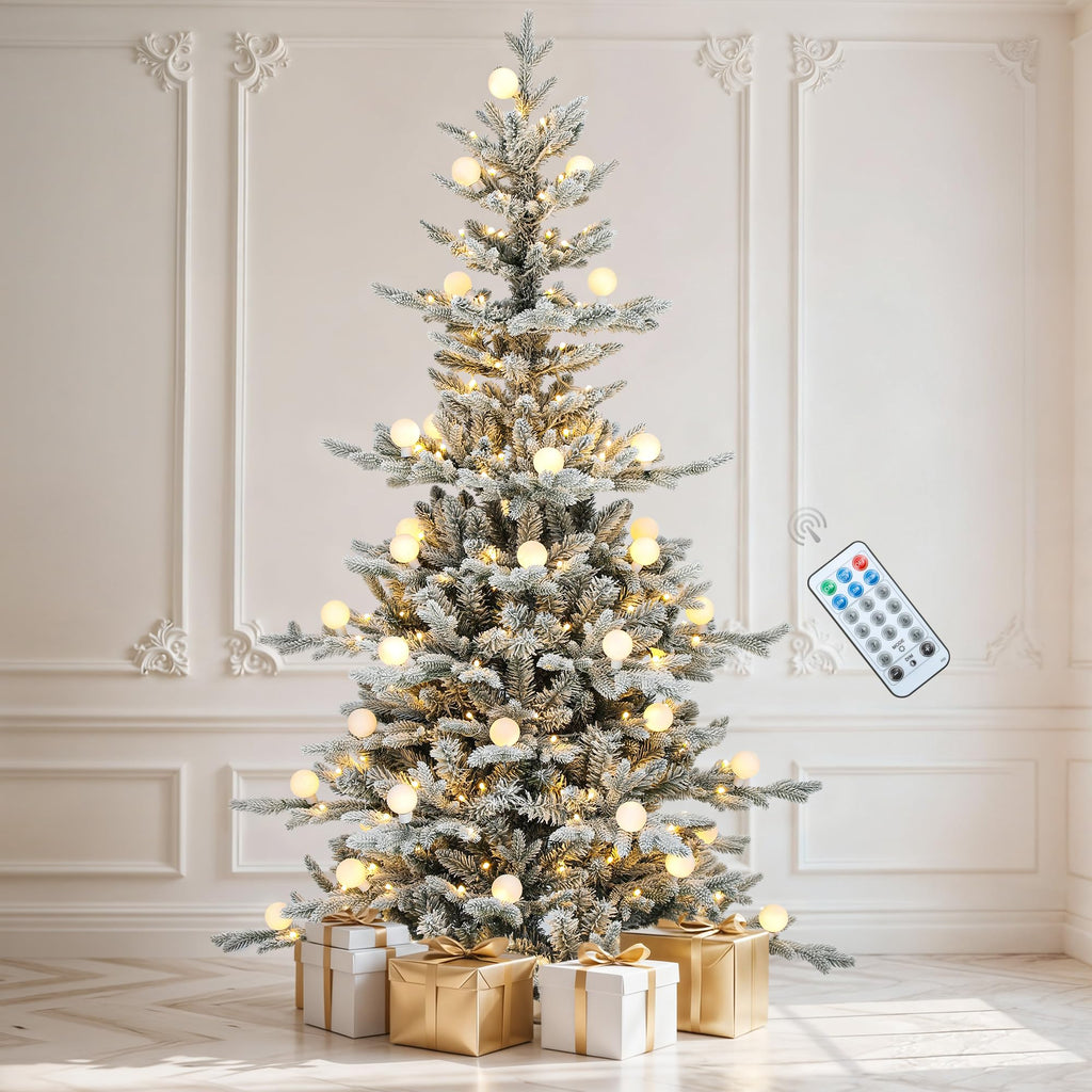 DWVO 6ft Prelit Flocked Aspen Fir Christmas Tree with Bulbs and Lights, Full Artificial Xmas Tree with 1336 Metal Hinged PE & PVC Flame Resistant Branches, 46 Bulbs and 270 Lights Remote Controlled