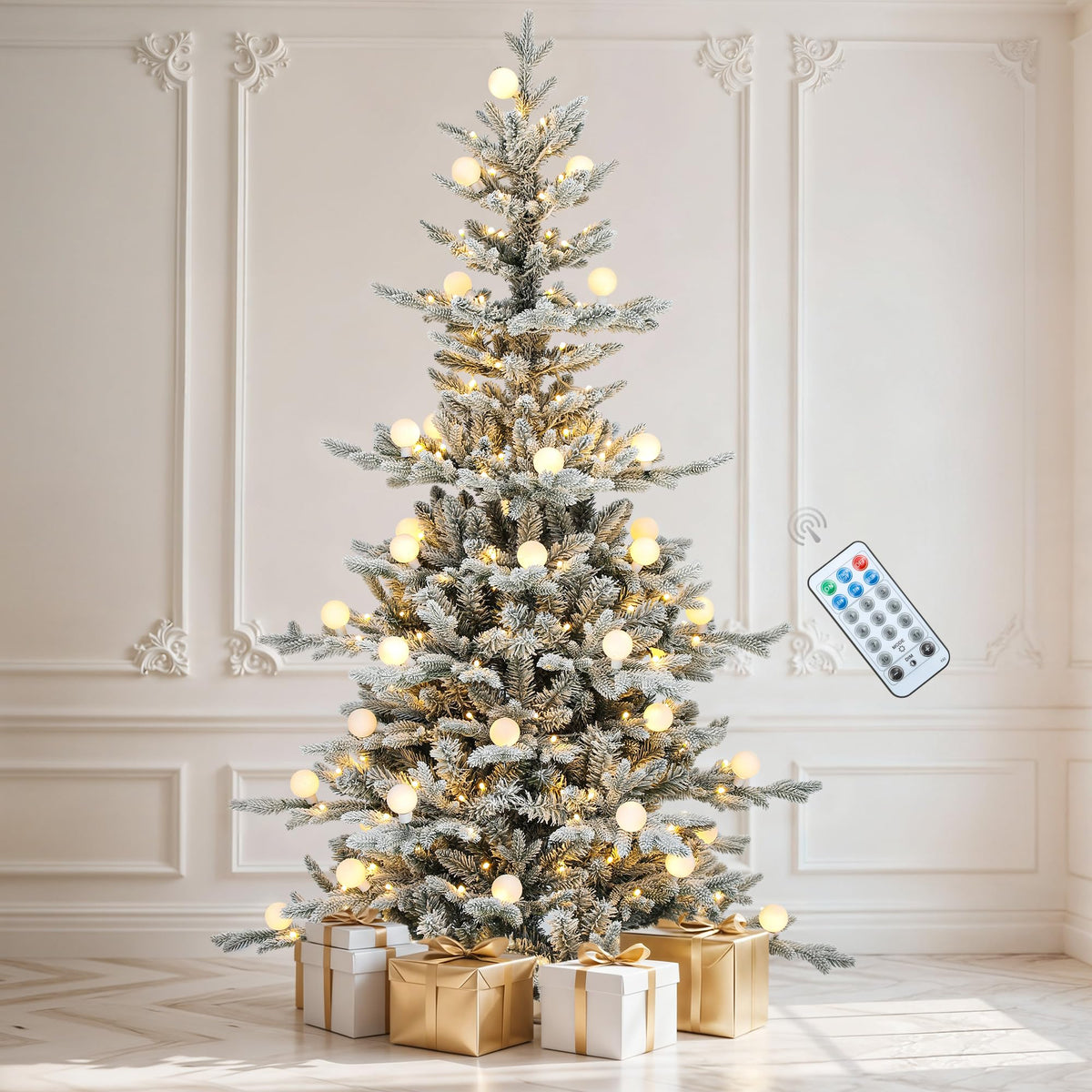DWVO 6ft Prelit Flocked Aspen Fir Christmas Tree with Bulbs and Lights, Full Artificial Xmas Tree with 1336 Metal Hinged PE & PVC Flame Resistant Branches, 46 Bulbs and 270 Lights Remote Controlled
