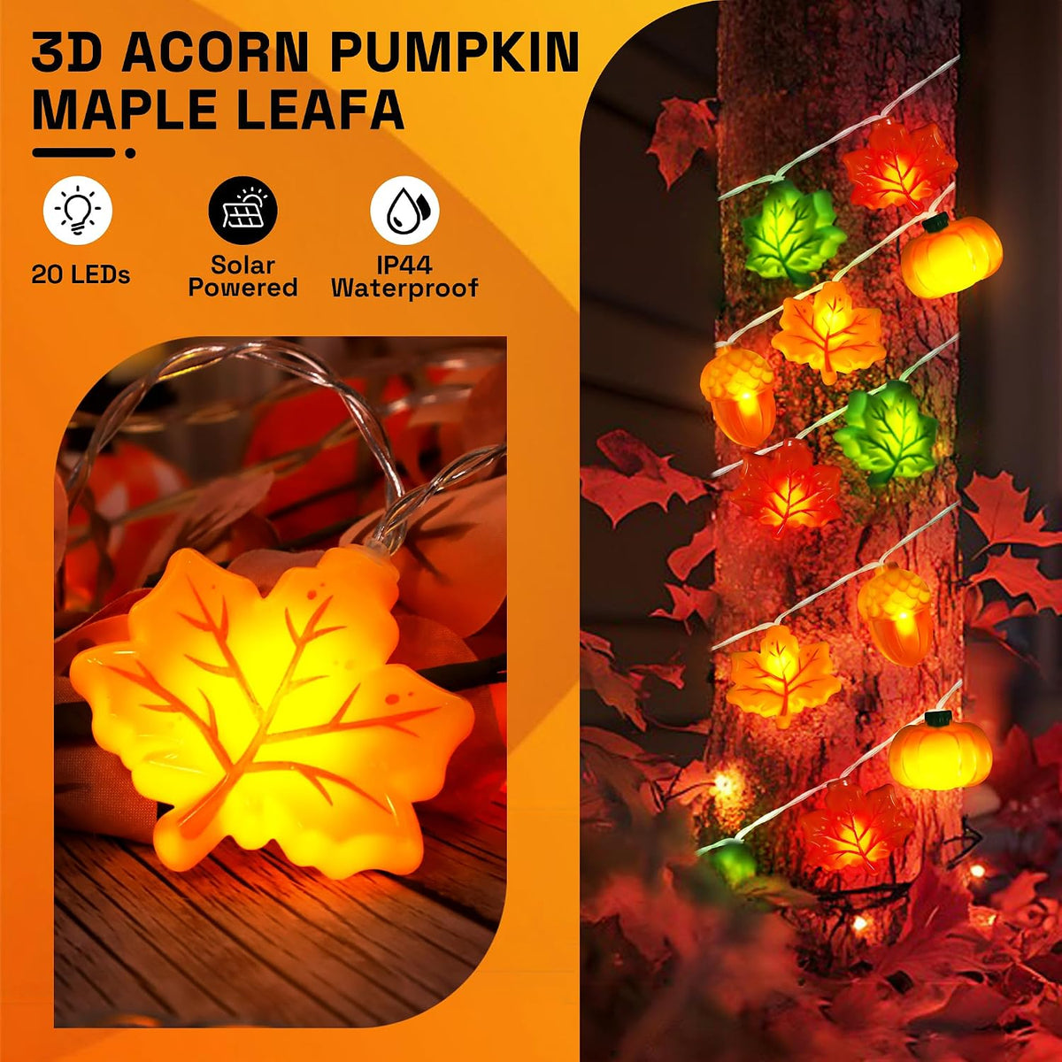Solar Fall Lights Outdoor 17.4Ft 3D Acorn Pumpkin Maple Leaf String Lights, 8 Modes Thanksgiving Lights Fall Decor Thanksgiving Decorations for Outdoor