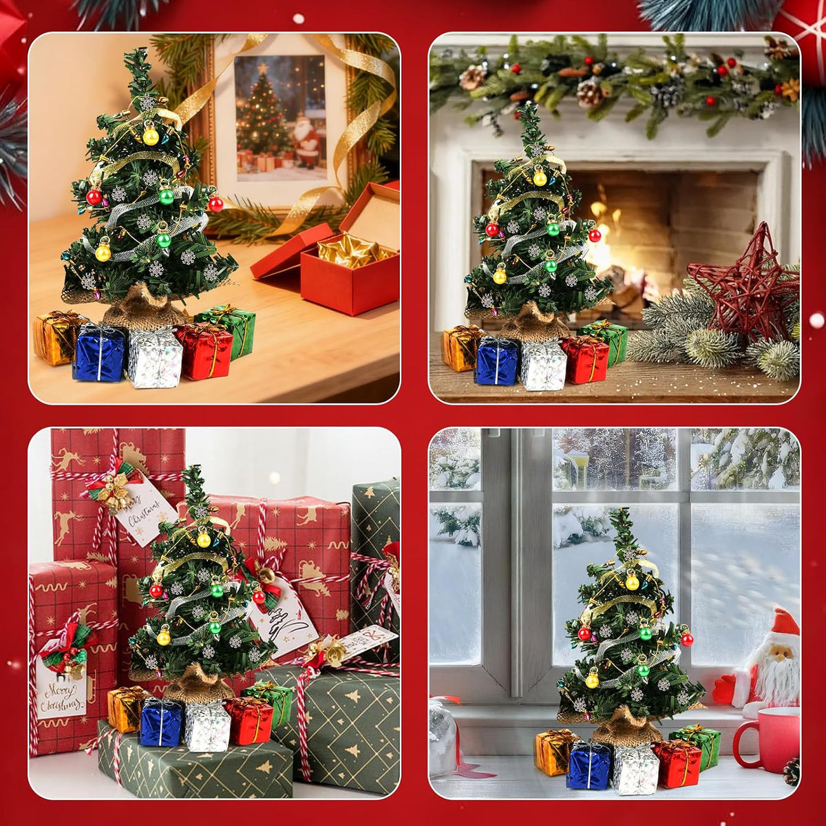 FOIMAS Mini Christmas Tree for Dollhouse Decoration,7.8 Inch Miniature Artificial Christmas Tree with Fake Lights Xmas Ball Wreath Ornament for Xmas Dollhouse Craft Decor Supply