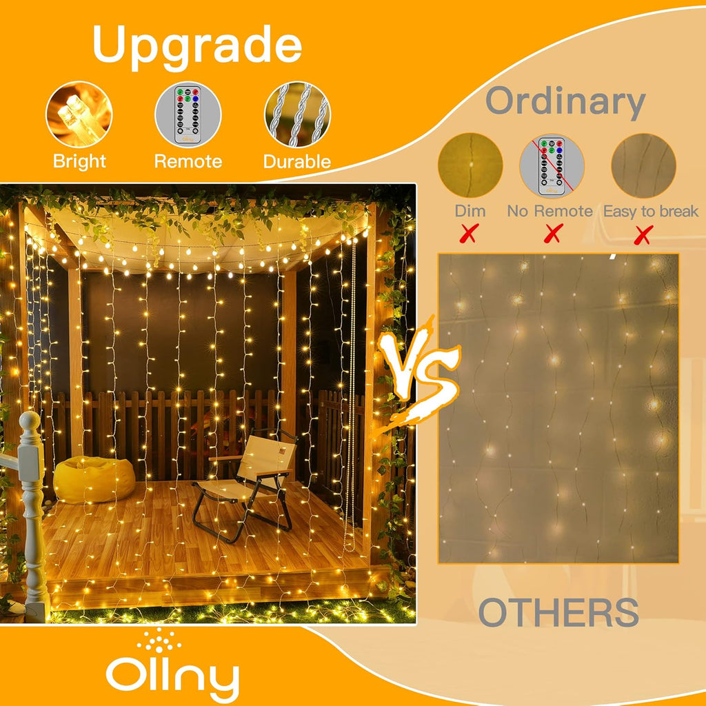 Ollny Curtain Lights 6.6x6.6ft, 200LED String Lights with Remote Warm White