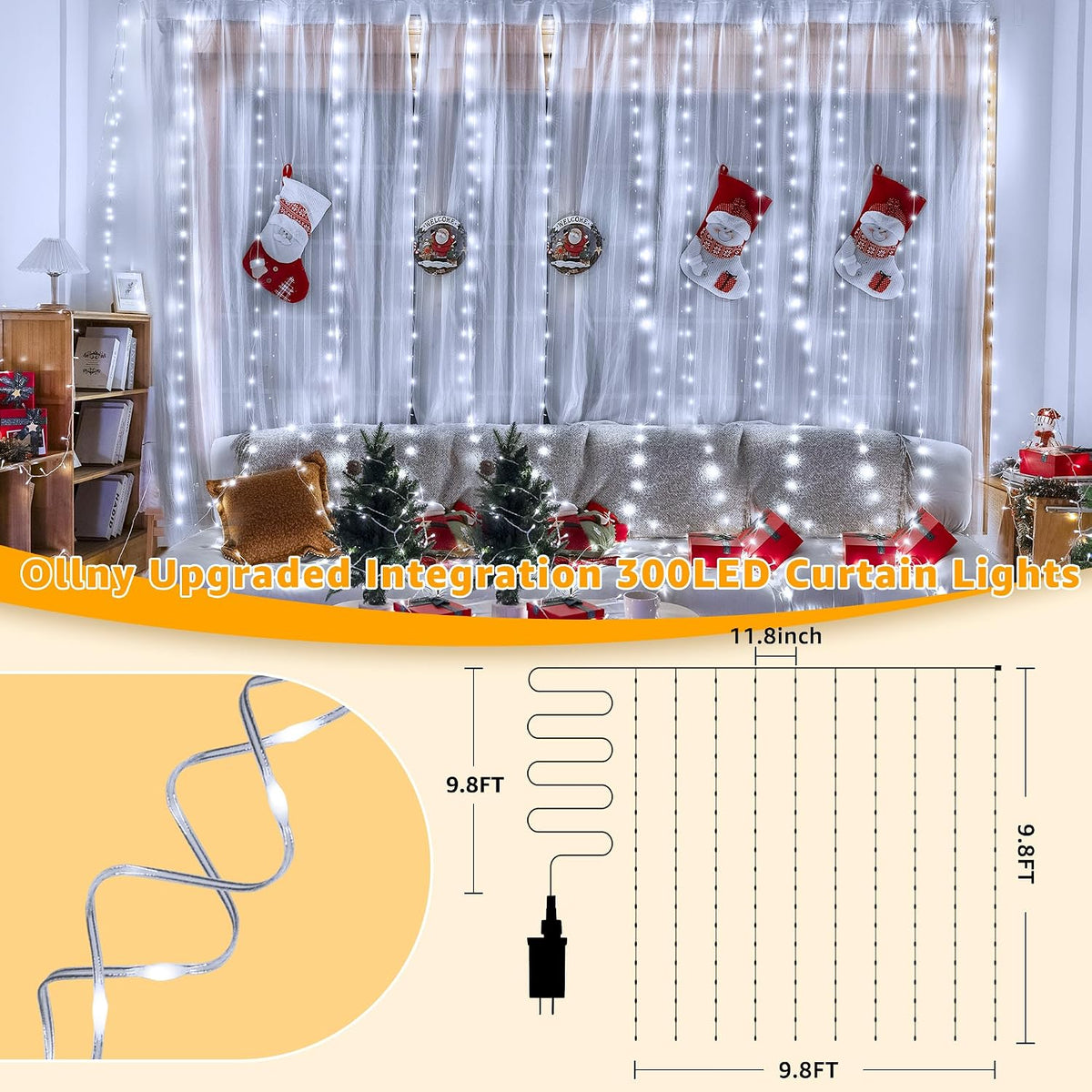 Ollny Curtain Lights 300LED 9.8ftx9.8ft, Connectable IP67 Waterproof