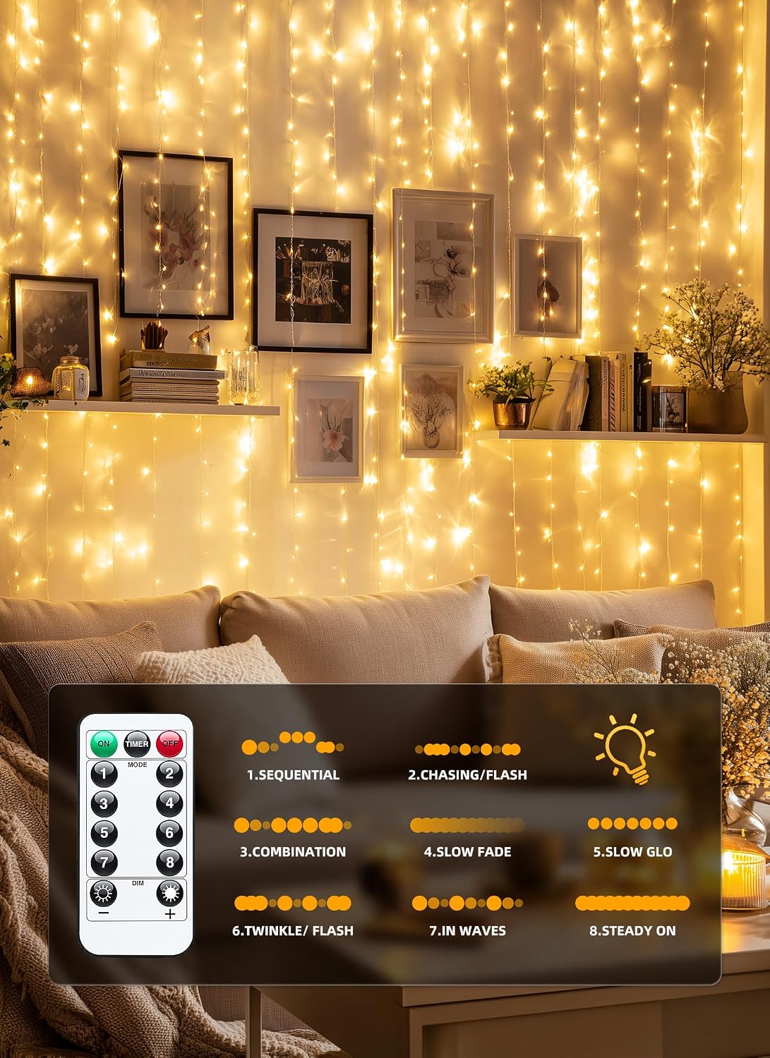 Brightown 300 LED Fairy Curtain Lights, 9.8ft x 9.8ft Curtain String Lights