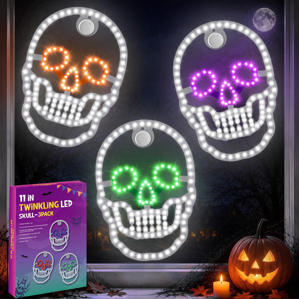 3 Pack 10" Halloween Classics Twinkling LED Ghosts, Hi-Vibrant Aluminum Frame Ghost Window Silhouette Lights, Cool White LED Lights, Holiday Indoor Outdoor Decoration