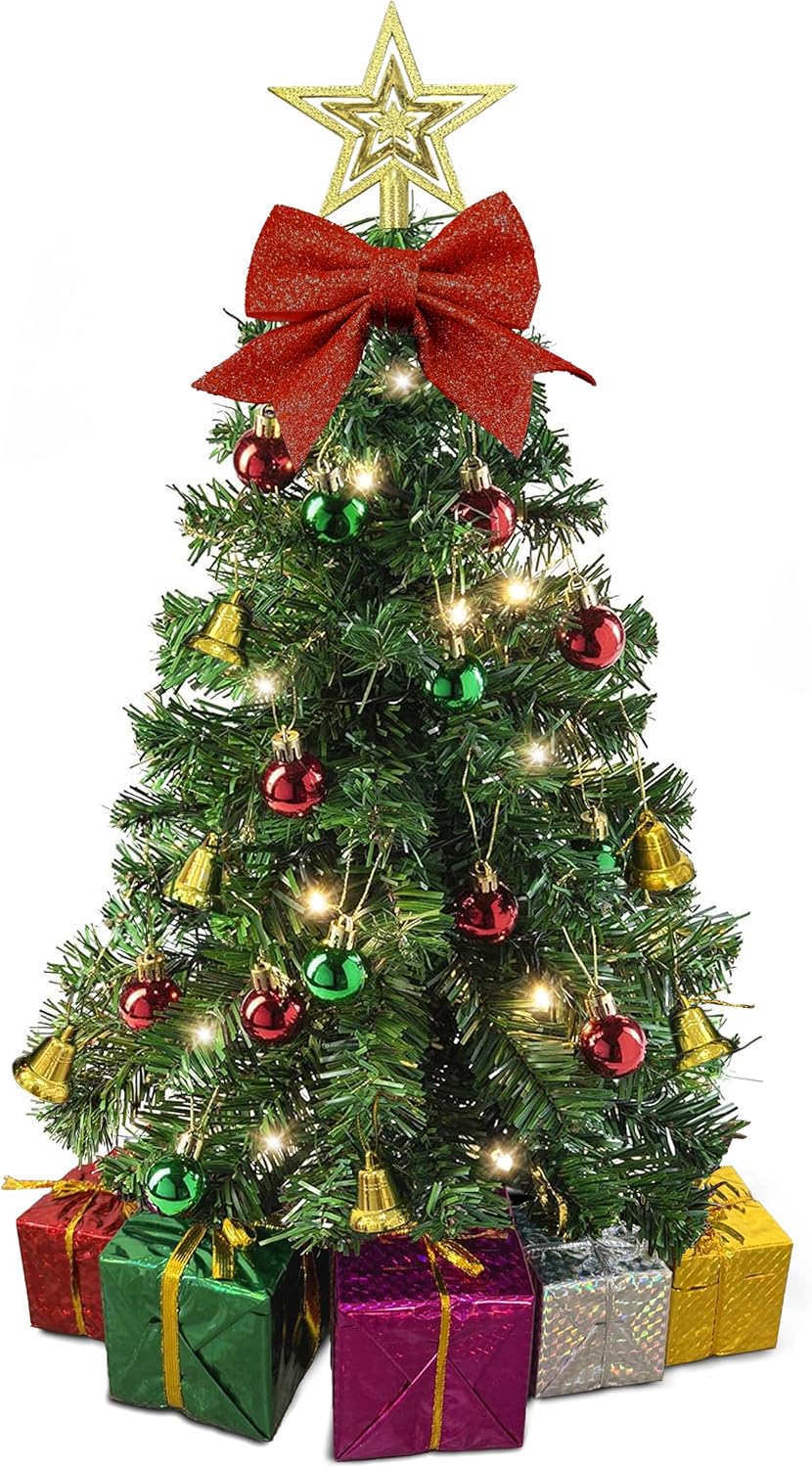 Small Christmas Tree with Lights - 23 Inch Mini Tabletop Christmas Tree with Warm-White LED Lights, Hanging Ornaments, Decorative Bow and Gift Boxes - Prelit Table Tree for DIY Christmas Decoration