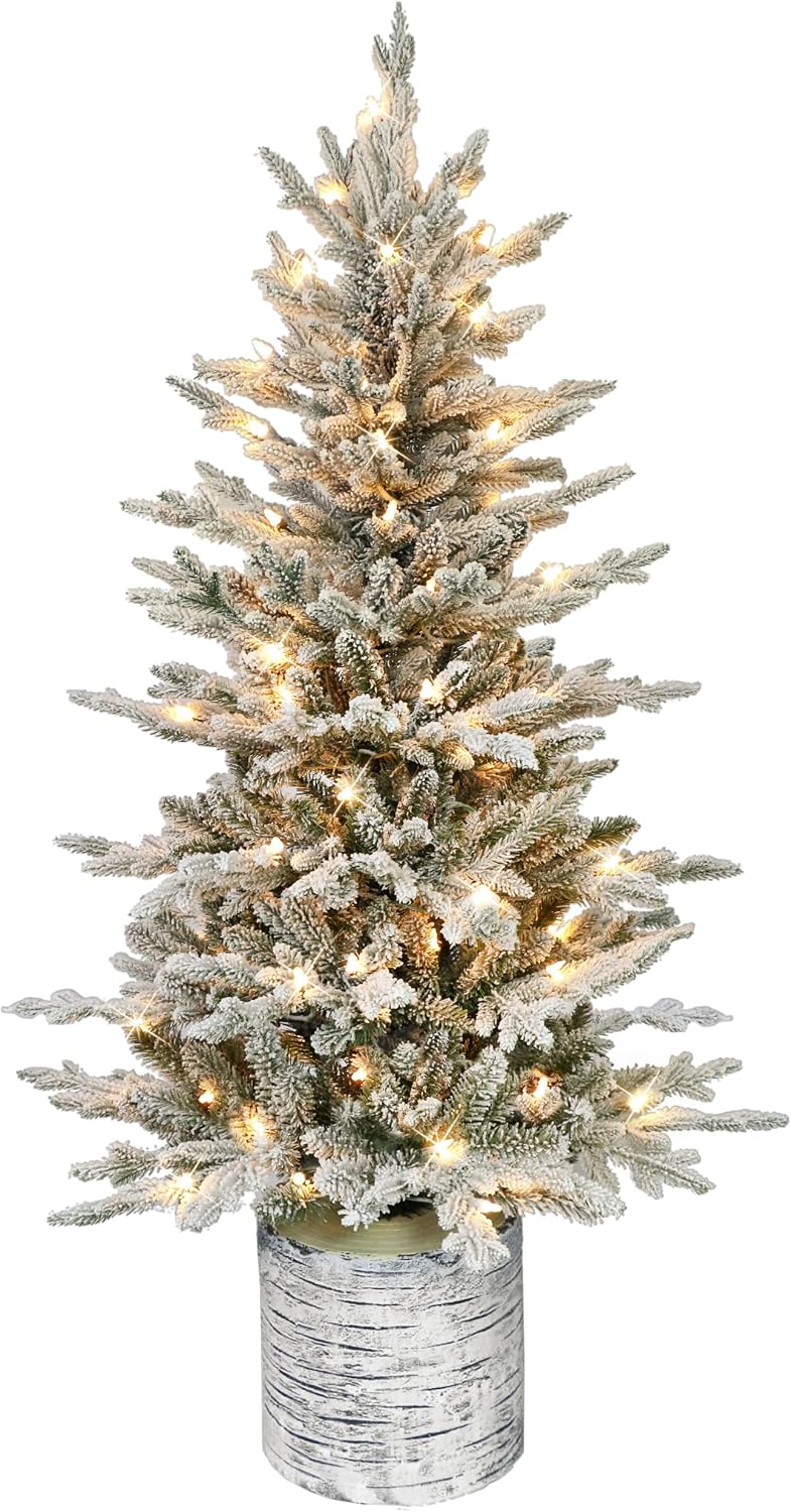Puleo International 4.5ft Pre-Lit Potted Flocked Arctic Fir Christmas Tree