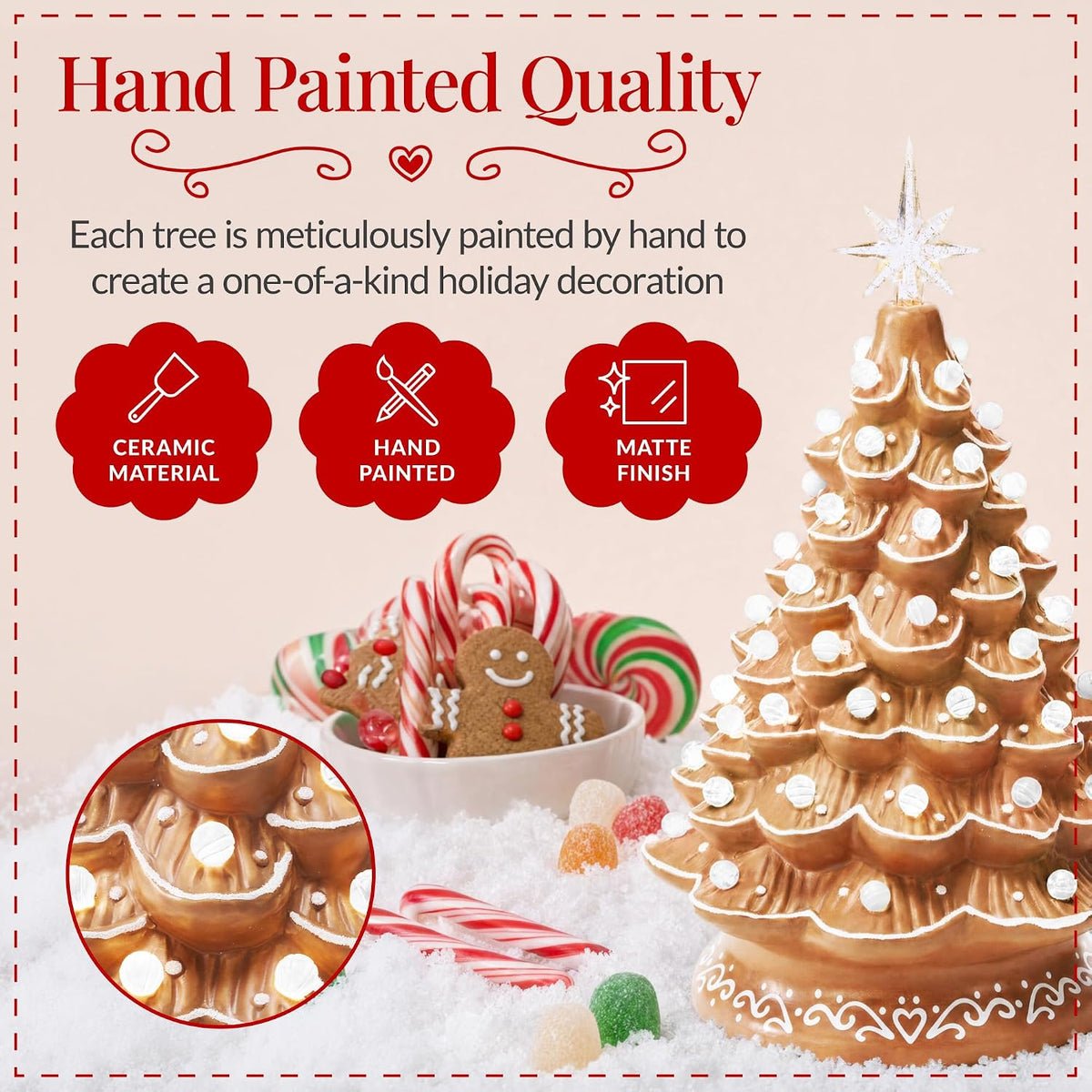 Best Choice Products 15in Ceramic Christmas Tree, Pre-lit Hand-Painted Tabletop Holiday Tree, 2 Star Toppers, 64 Lights - Gingerbread w/White Bulbs