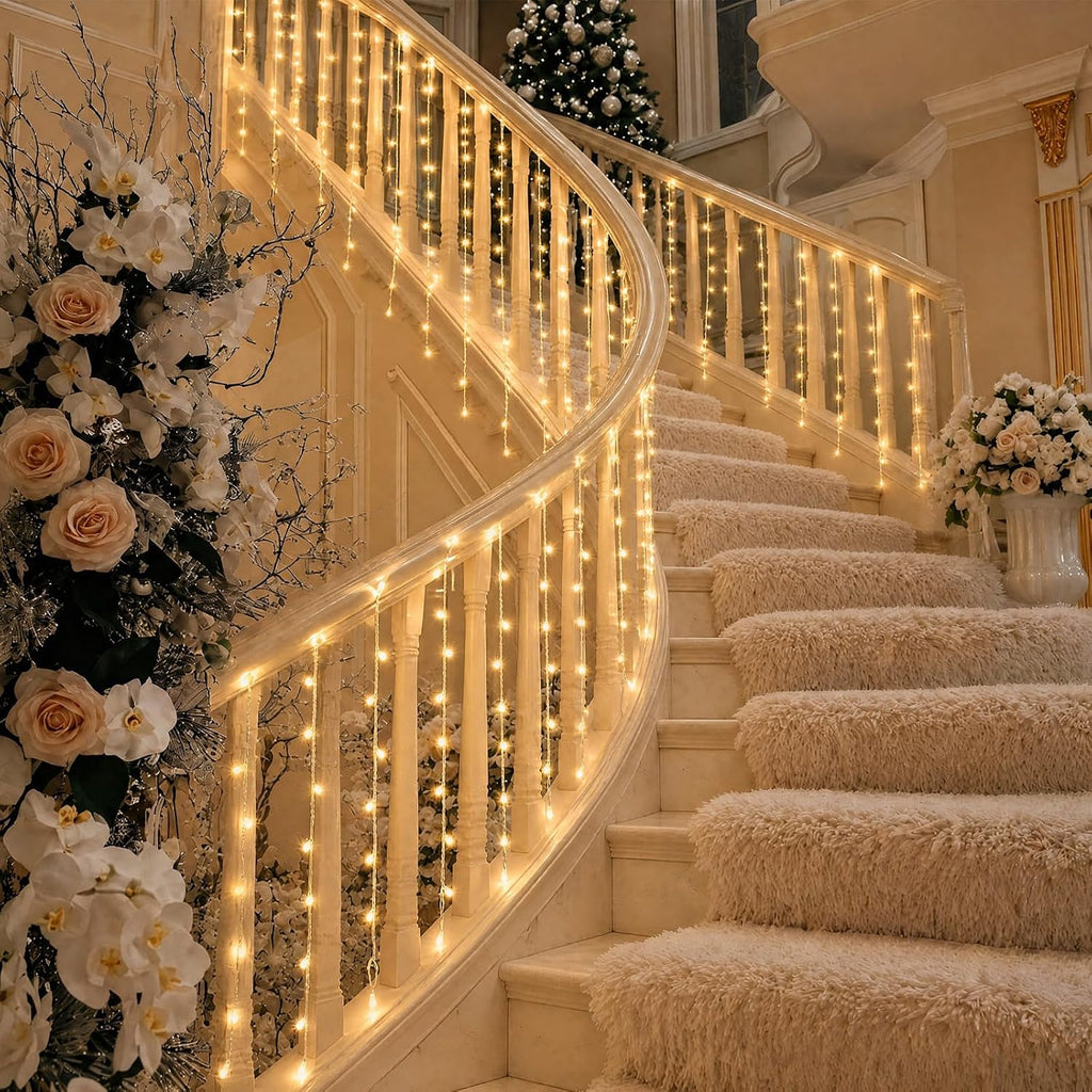 VIHOSE 2 Set Christmas Stair Curtain Light, Per 11.8 Ftx2.6ft, 8 Light Mode