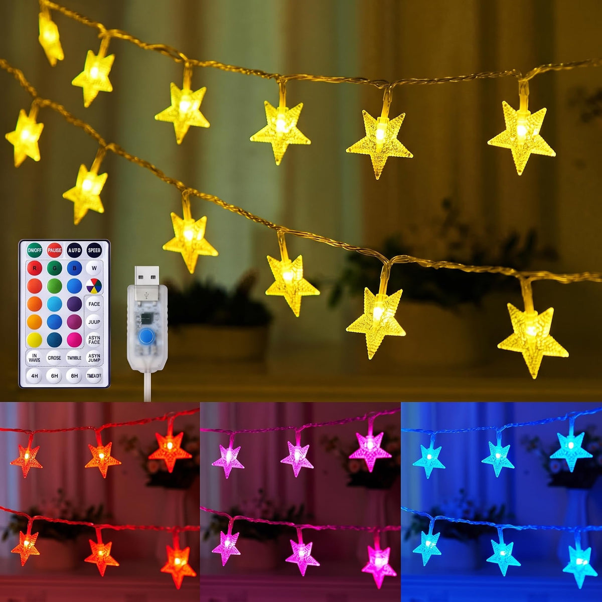 Minetom 23ft Star String Lights for Bedroom, 50LED USB Fairy Lights Indoor