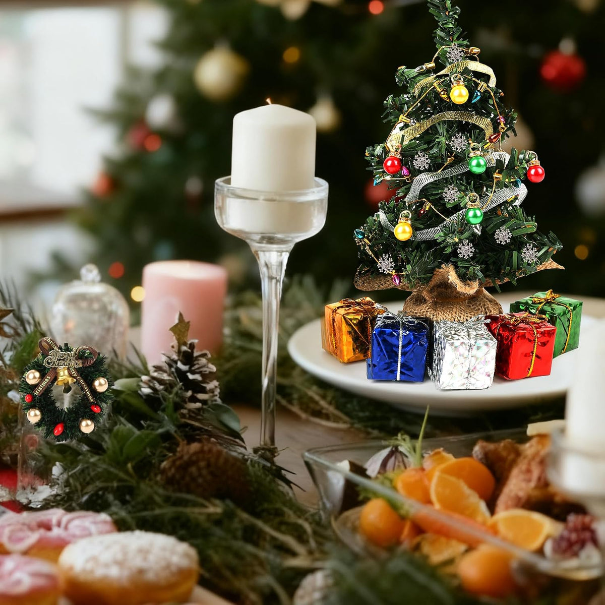 FOIMAS Mini Christmas Tree for Dollhouse Decoration,7.8 Inch Miniature Artificial Christmas Tree with Fake Lights Xmas Ball Wreath Ornament for Xmas Dollhouse Craft Decor Supply