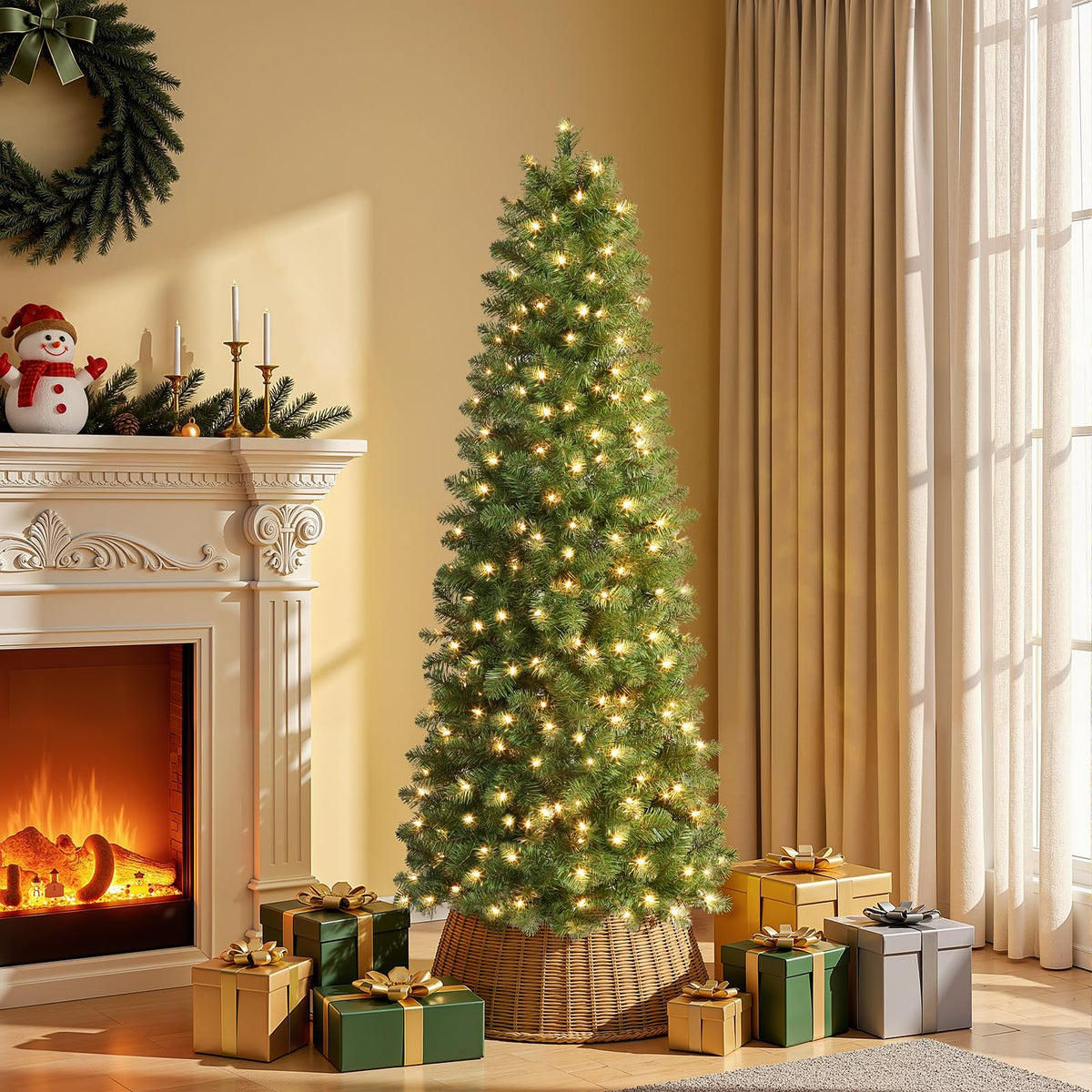 SHareconn Prelit Artificial Pencil Christmas Tree 6FT & Warm White Lights