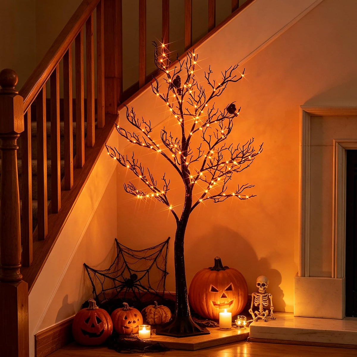 Hairui Lighted Halloween Tree with 150 Orange Fairy Lights 4FT, Spooky Black Tree Lights Plug in for Indoor Outdoor Home Halloween Party Decoration