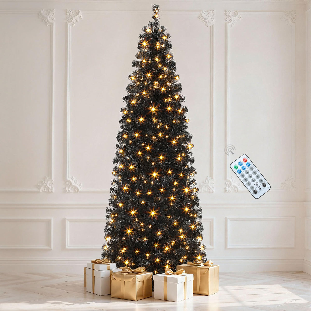 DWVO 6ft Pre-lit Artificial Christmas Tree, Slim Partial Snowy Pencil Kingswood Fir Christmas Trees with 50 Pine Cones, 618 Branch Tips & 250 UL Listed Lights with Remote Control for Home Party