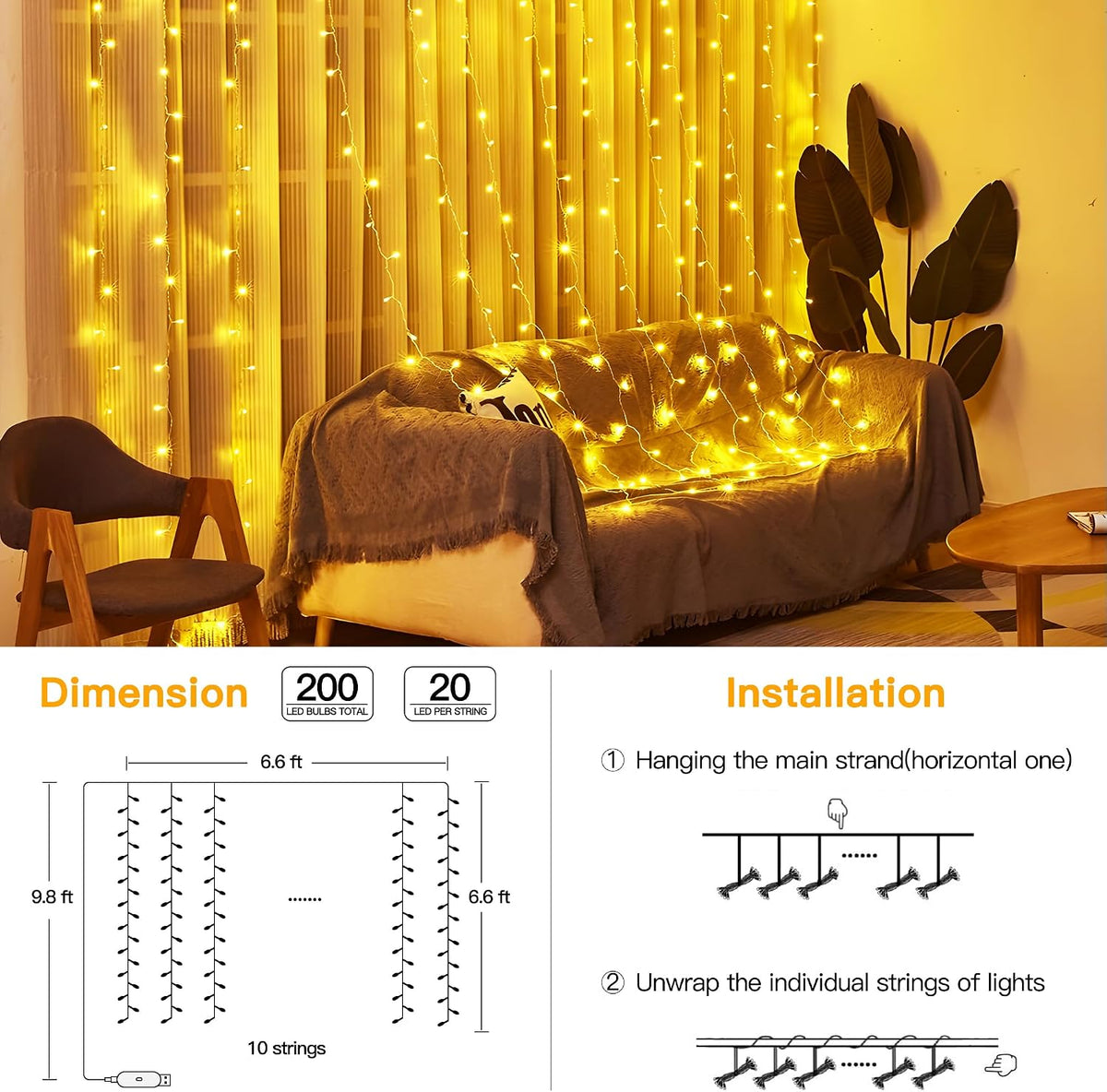 Ollny Curtain Lights 6.6x6.6ft, 200LED String Lights with Remote Warm White