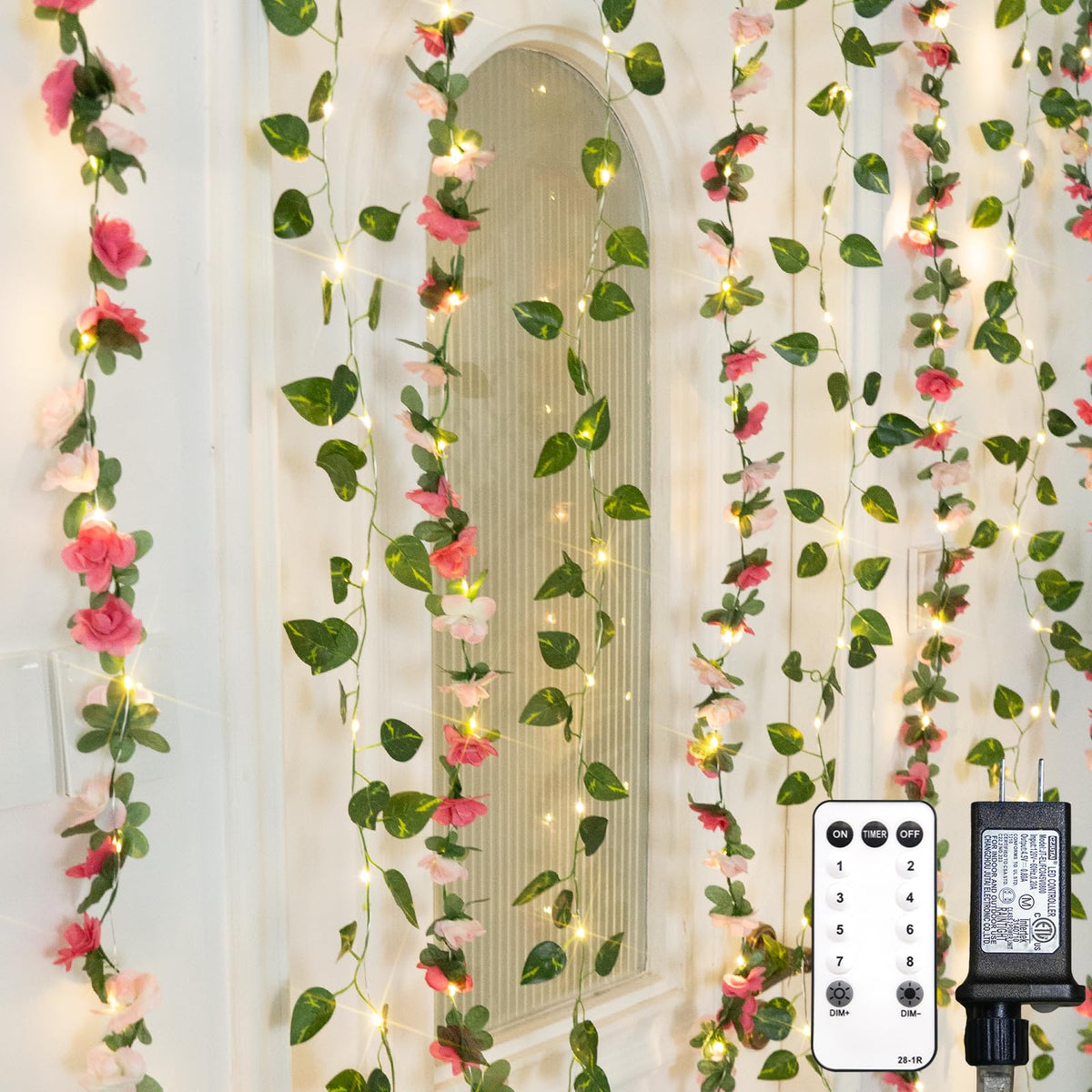 suddus 200 LED Vine with Light Plug in, 6.5ft x 6.5ft Pothos Fairy Curtain Lights with Remote, Leaf Fairy Lights for Wall,Bedroom, Dorm, Wedding, Party, Indoor Decor(Warm White)