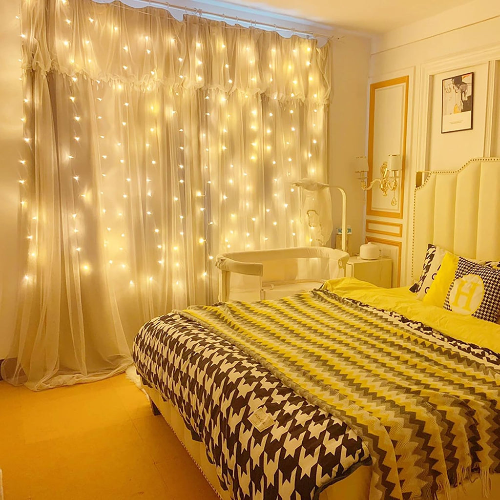 Dazzle Bright Curtain String Lights, 300 LED 9.8ft x9.8ft Warm White Fairy Lights with 8 Lighting Modes, Waterproof Lights for Bedroom Christmas Party Wedding Home Garden Wall Decor