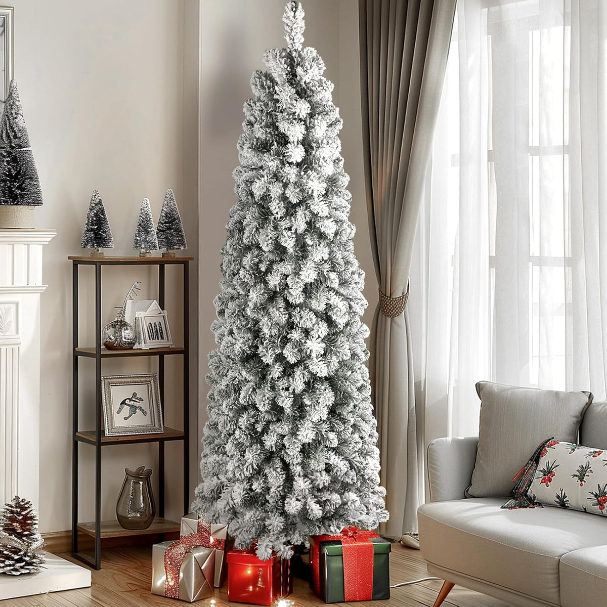 SHareconn 7ft Prelit Snow Flocked Artificial Slim Pencil Christmas Tree
