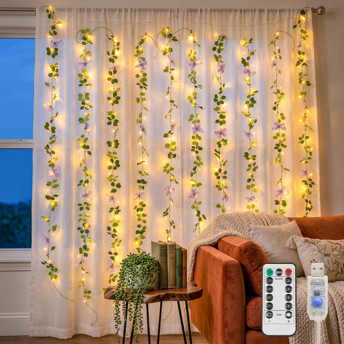 suddus 200 LED Vine with Light Plug in, 6.5ft x 6.5ft Pothos Fairy Curtain Lights with Remote, Leaf Fairy Lights for Wall,Bedroom, Dorm, Wedding, Party, Indoor Decor(Warm White)