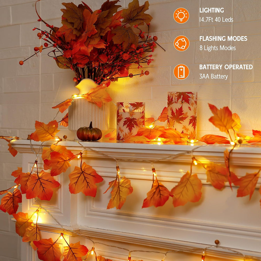 Fall Garland with Lights, Autumn Maple Leaf Lights, Fall Decor 14.7FT 40LED