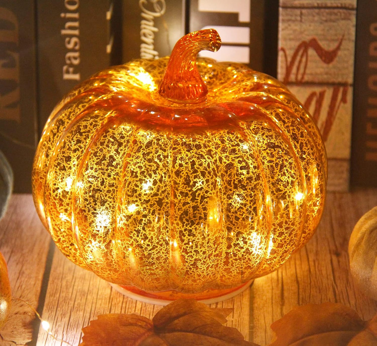 Fall Decorations for Home,Mercury Glass Pumpkin Lights with Timer(Gold)