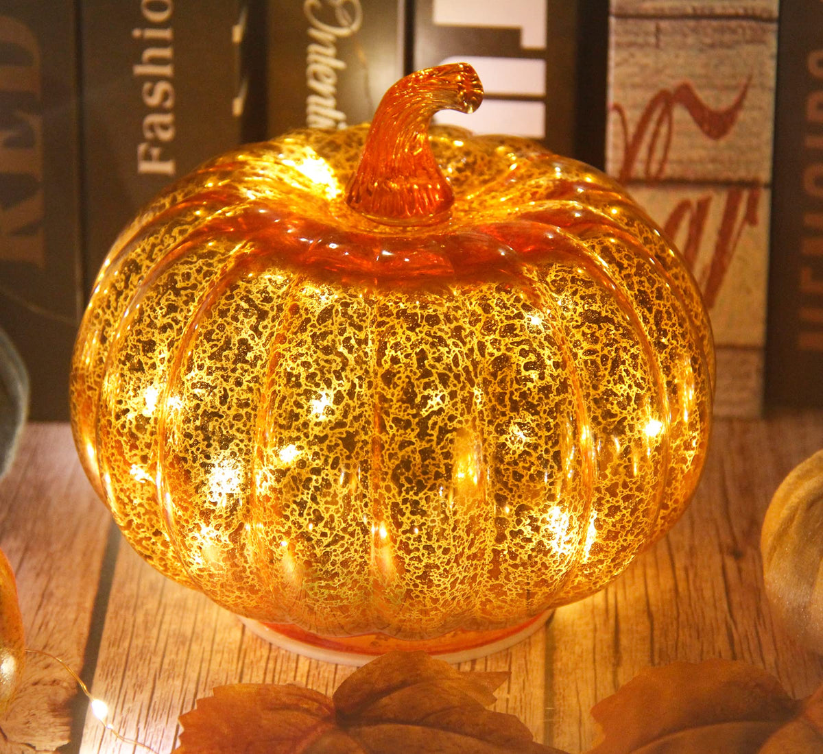 Fall Decorations for Home,Mercury Glass Pumpkin Lights with Timer(Gold)