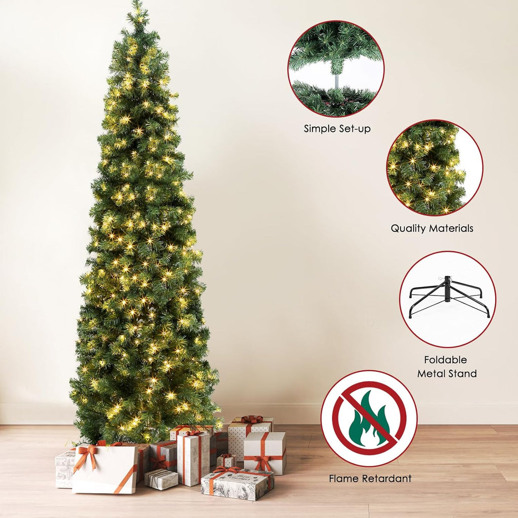 Okicoler Pre-Lit Pencil Artificial Holiday Slim Christmas Tree with Warm Lights and Metal Base Stand for Home, Office, Party Decoration,Green (6.5ft)