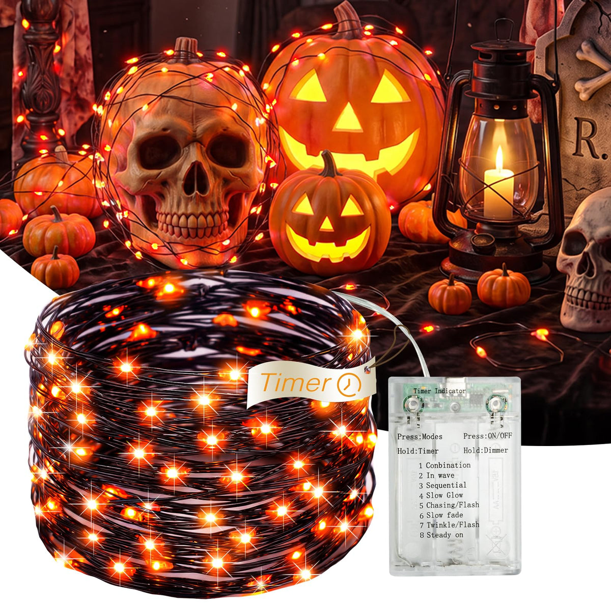 2 Pack Orange Fairy Lights, 16FT 50LED Halloween String Lights