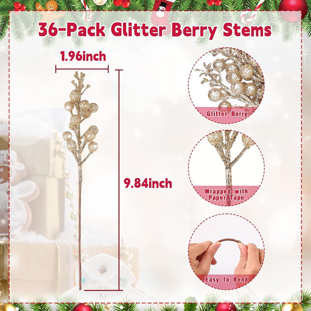 36Pcs Christmas Glitter Berry Stems, 9.5'' Artificial Christmas Tree Picks
