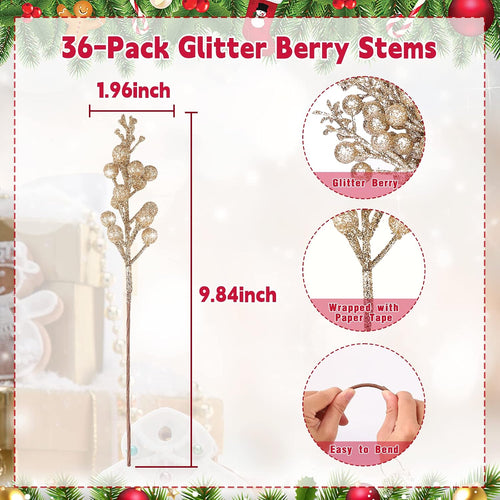 36Pcs Christmas Glitter Berry Stems, 9.5'' Artificial Christmas Tree Picks